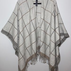 Eileen Fisher Woman 100% Baby Alpaca Taupe Window Pane Plaid Poncho Shawl